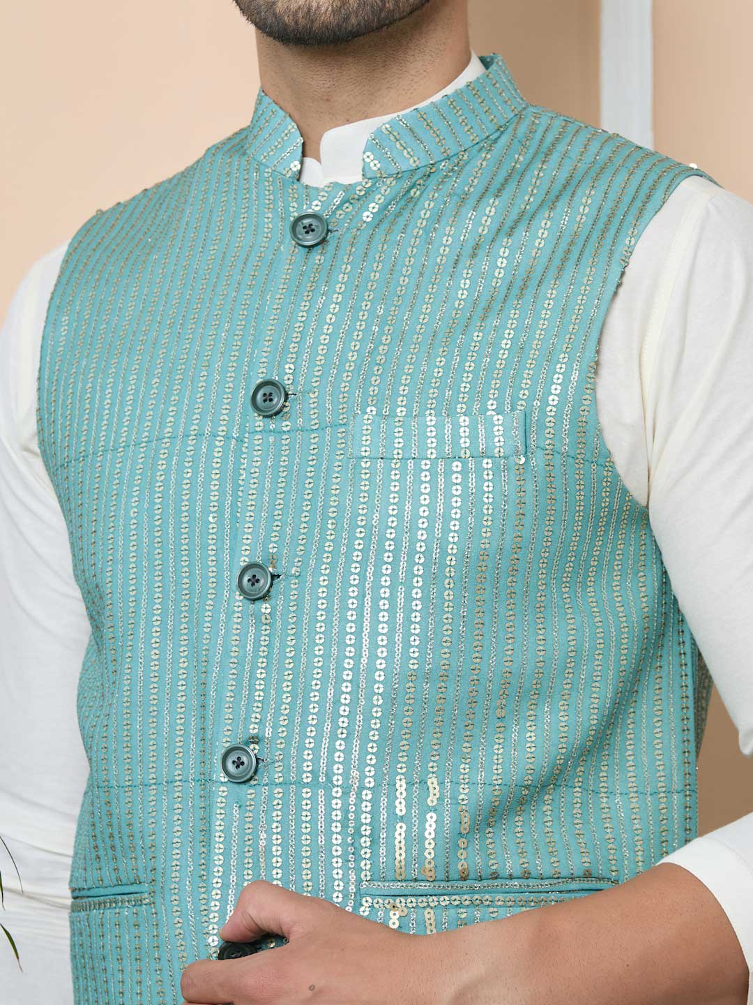 Aqua Green Sequin Embroidered Nehru Jacket