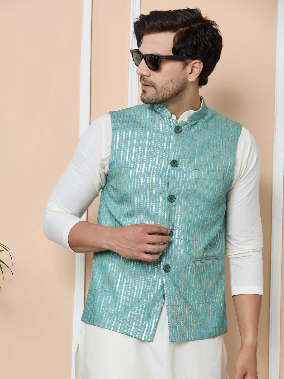 Aqua Green Sequin Embroidered Nehru Jacket