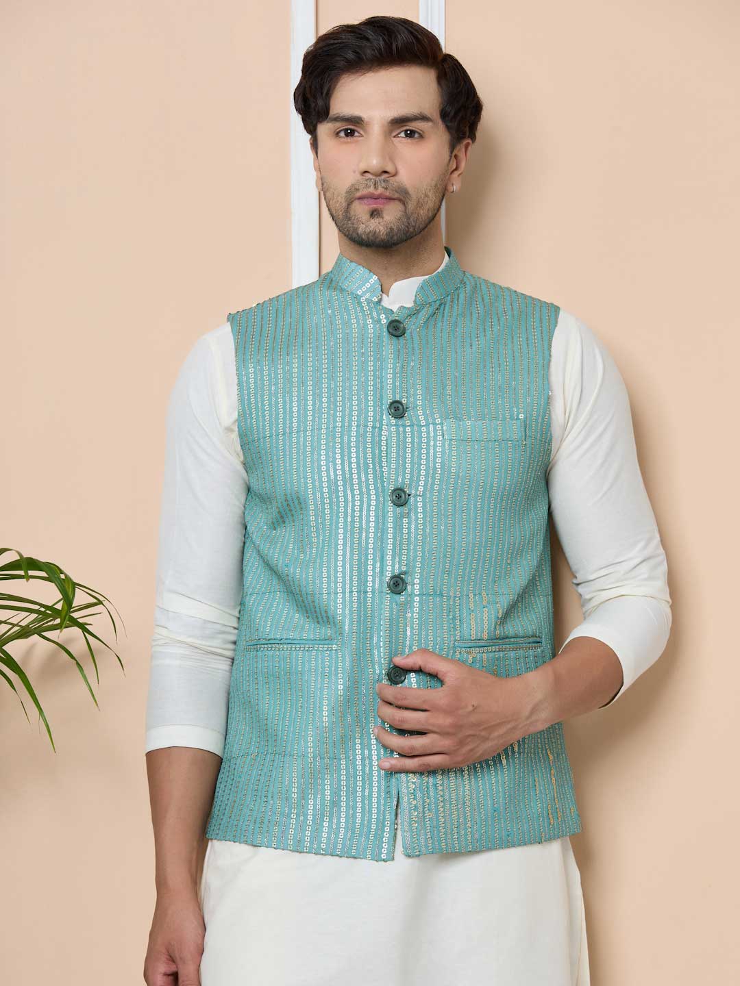 Aqua Green Sequin Embroidered Nehru Jacket