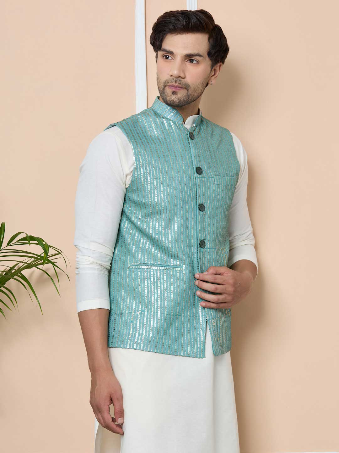 Aqua Green Sequin Embroidered Nehru Jacket