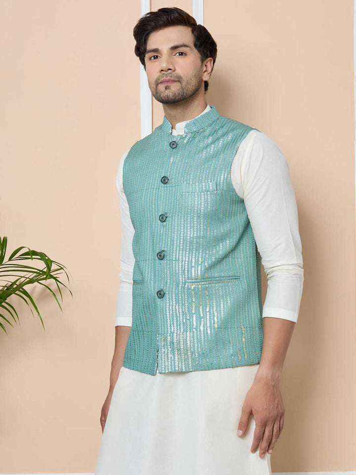 Aqua Green Sequin Embroidered Nehru Jacket