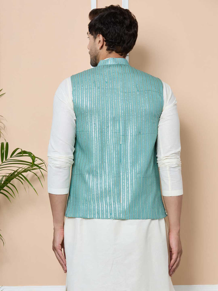 Aqua Green Sequin Embroidered Nehru Jacket with Solid Kurta-Pyjama (3 Piece Set)