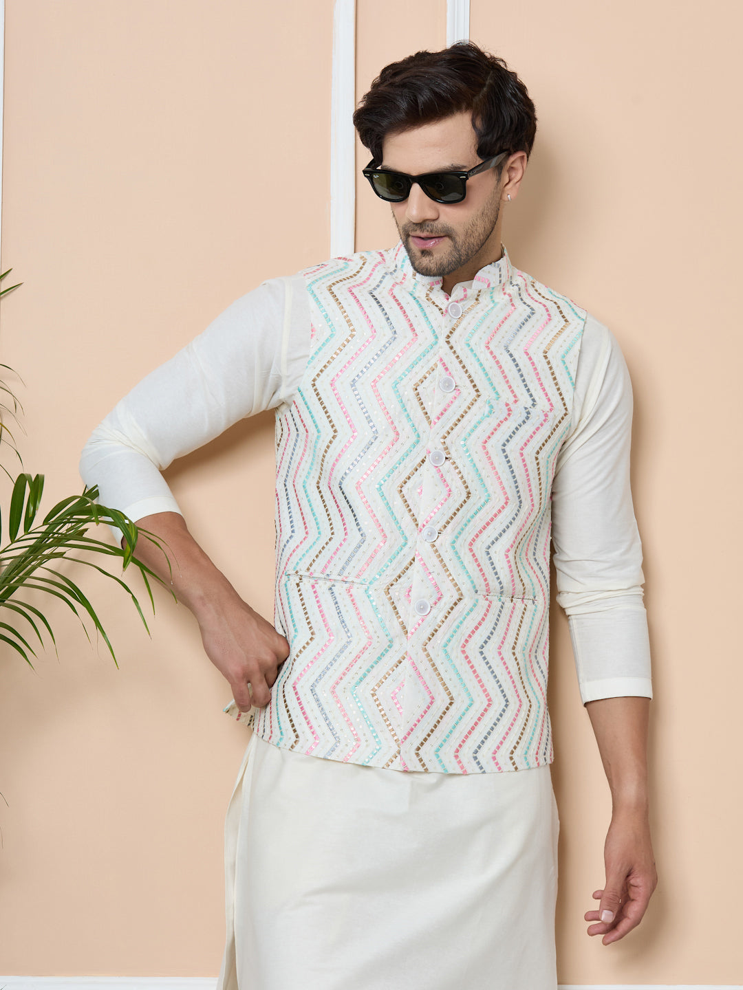 Multicolor Diamond Zigzag Embroidered Nehru Jacket