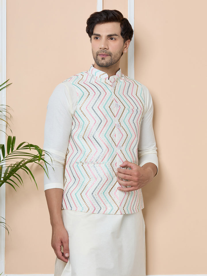 Multicolor Diamond Zigzag Embroidered Nehru Jacket