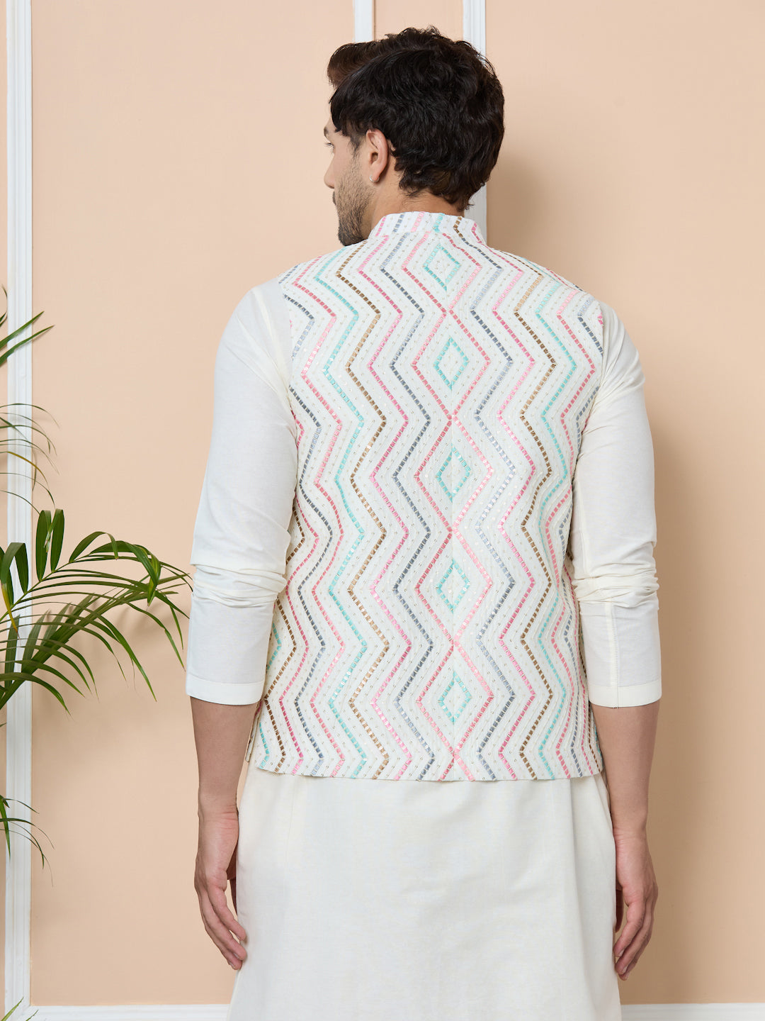 Multicolor Diamond Zigzag Embroidered Nehru Jacket