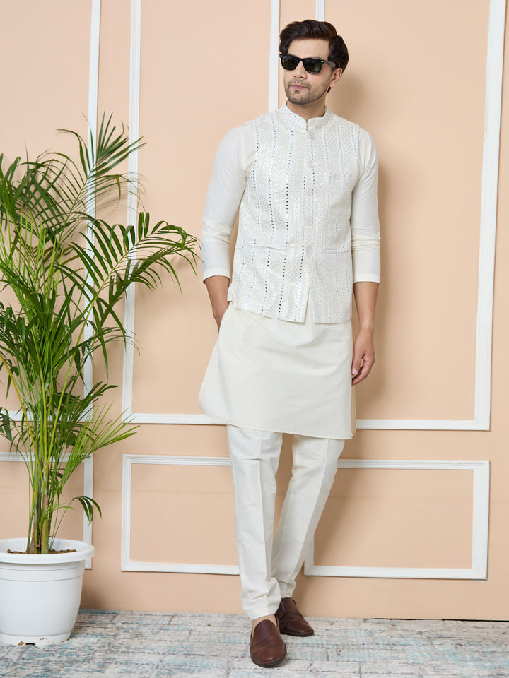 Seedesigns Men's White Sequince Embroidered Nehru Jacket with Solid Kurta-Pyjama(Set)