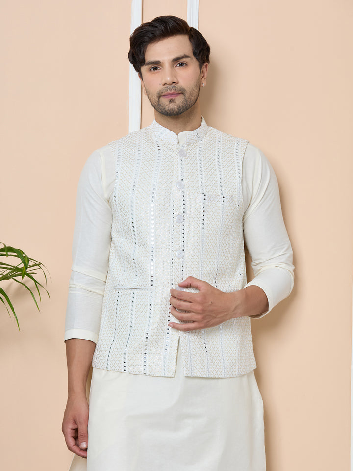 Seedesigns Men's White Sequince Embroidered Nehru Jacket with Solid Kurta-Pyjama(Set)