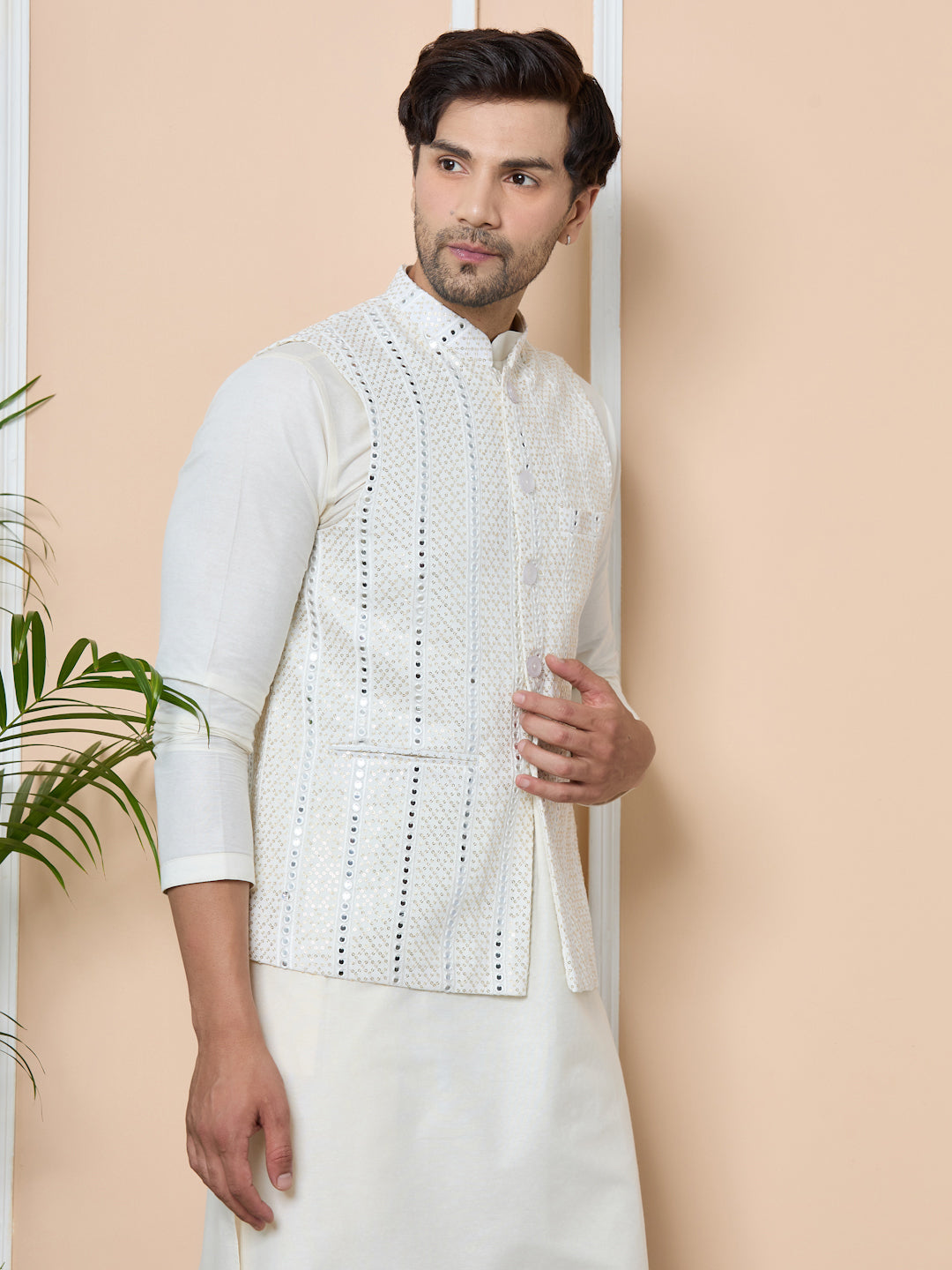 Seedesigns Men's White Sequince Embroidered Nehru Jacket with Solid Kurta-Pyjama(Set)