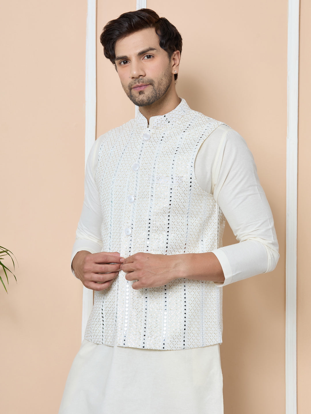 Seedesigns Men's White Sequince Embroidered Nehru Jacket with Solid Kurta-Pyjama(Set)