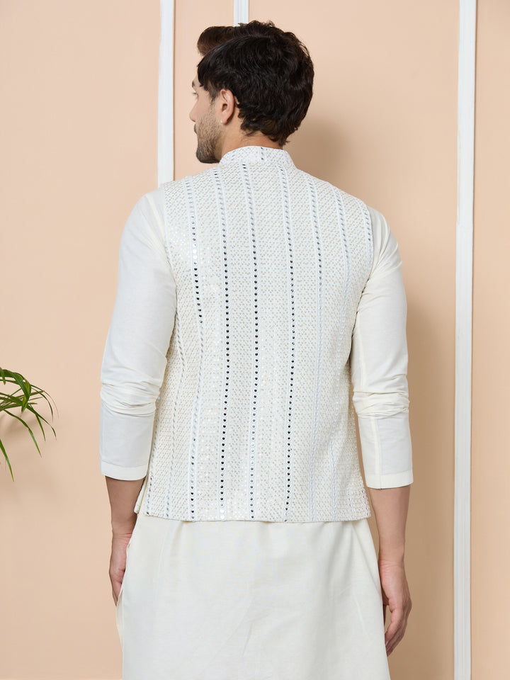 Seedesigns Men's White Sequince Embroidered Nehru Jacket with Solid Kurta-Pyjama(Set)