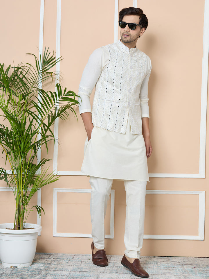 Seedesigns Men's White Sequince Embroidered Nehru Jacket with Solid Kurta-Pyjama(Set)