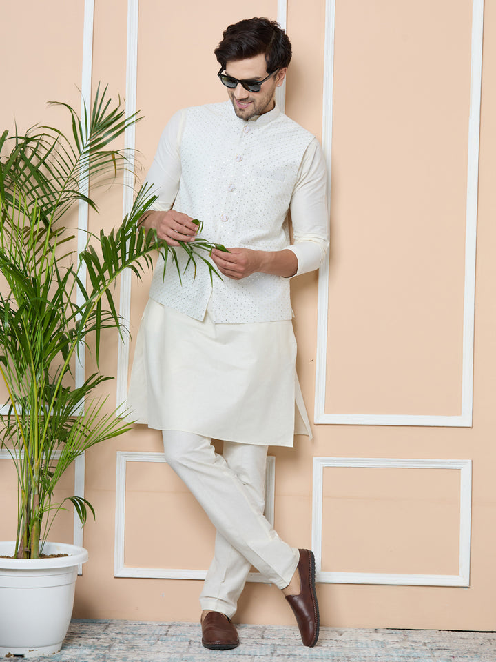 White Sequin Embroidered Nehru Jacket