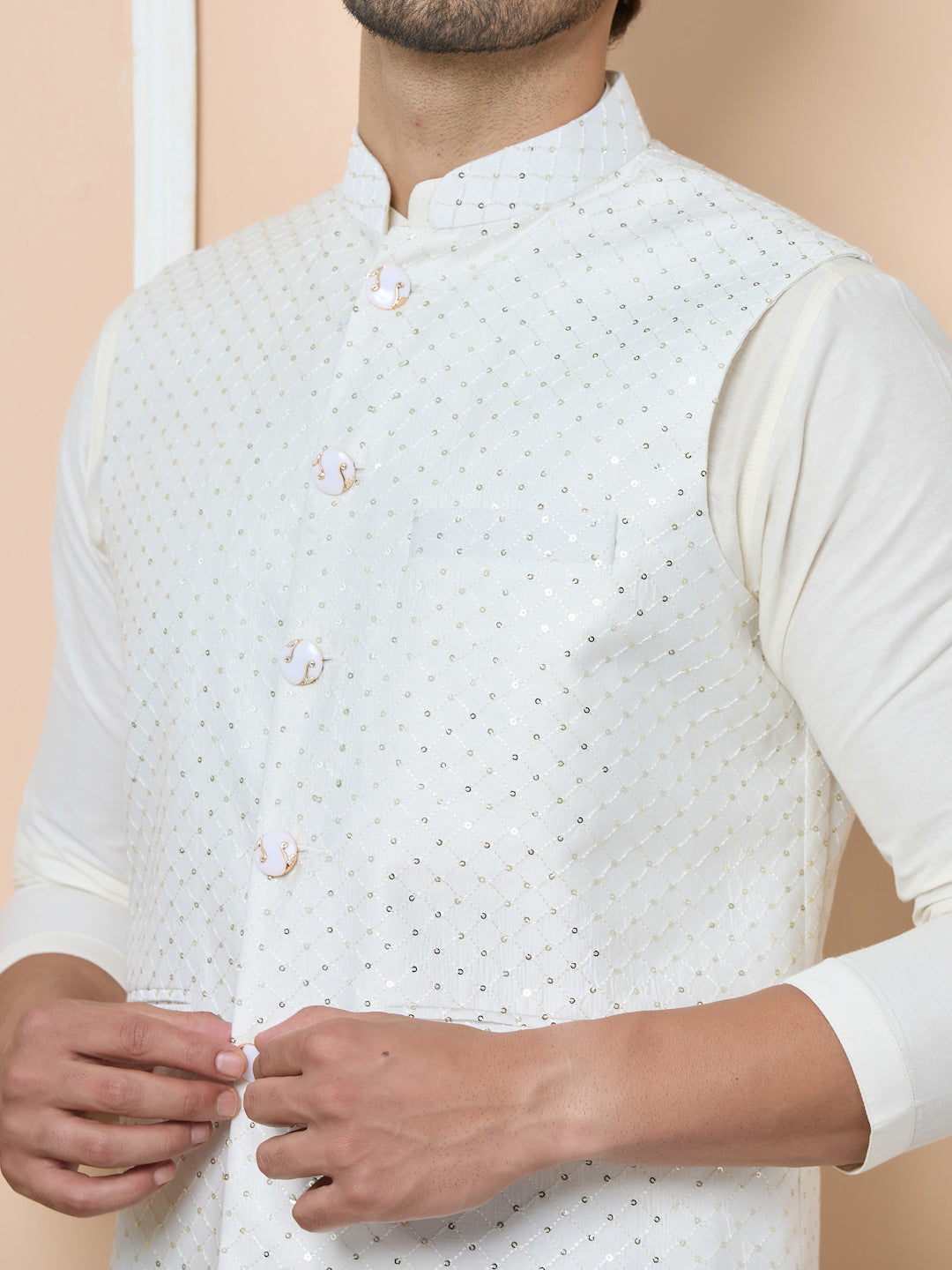 White Sequin Embroidered Nehru Jacket