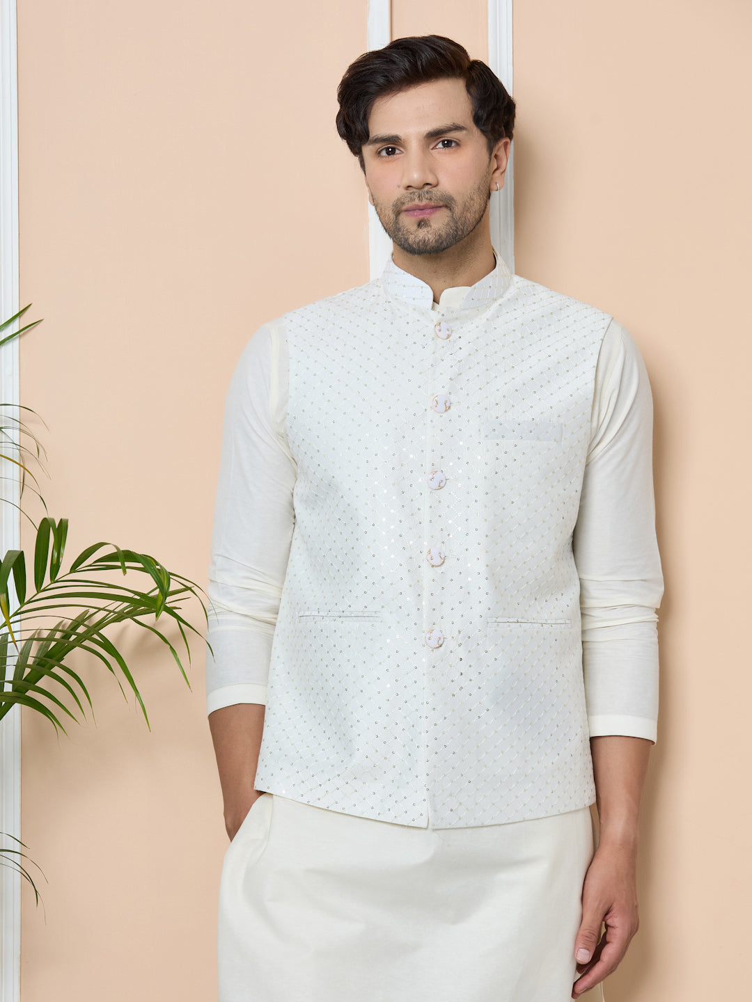 White Sequin Embroidered Nehru Jacket