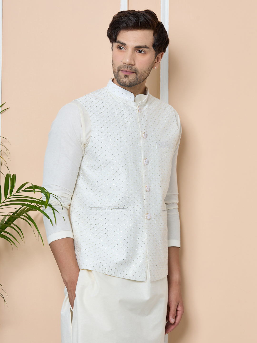 White Sequin Embroidered Nehru Jacket