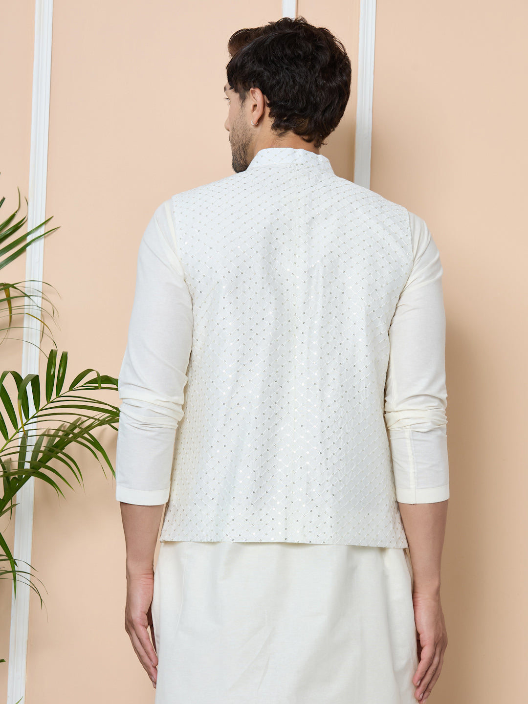 White Sequin Embroidered Nehru Jacket