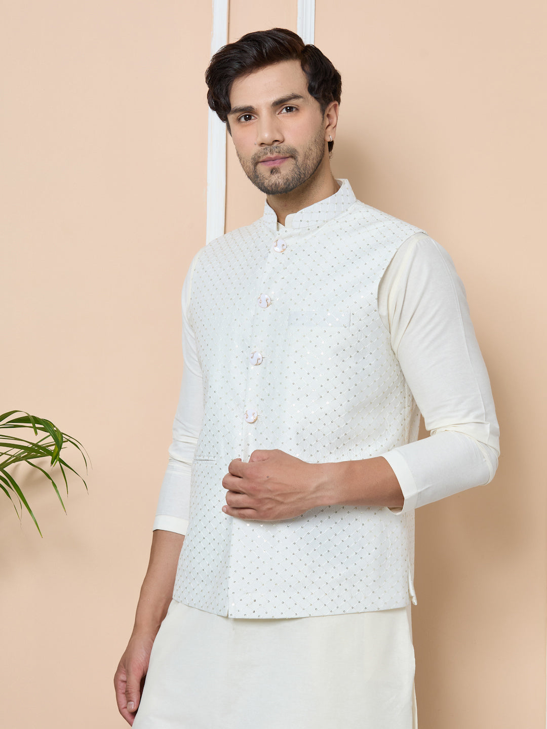 White Sequin Embroidered Nehru Jacket