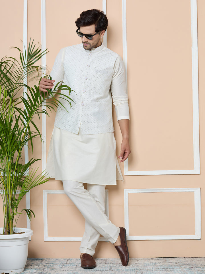 White Sequin Embroidered Nehru Jacket