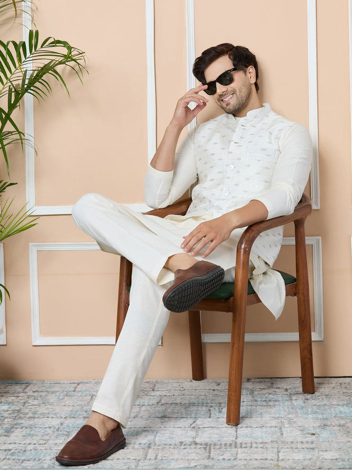 White Sequin Embroidered Nehru Jacket with Solid Kurta-Pyjama (3 Piece Set)