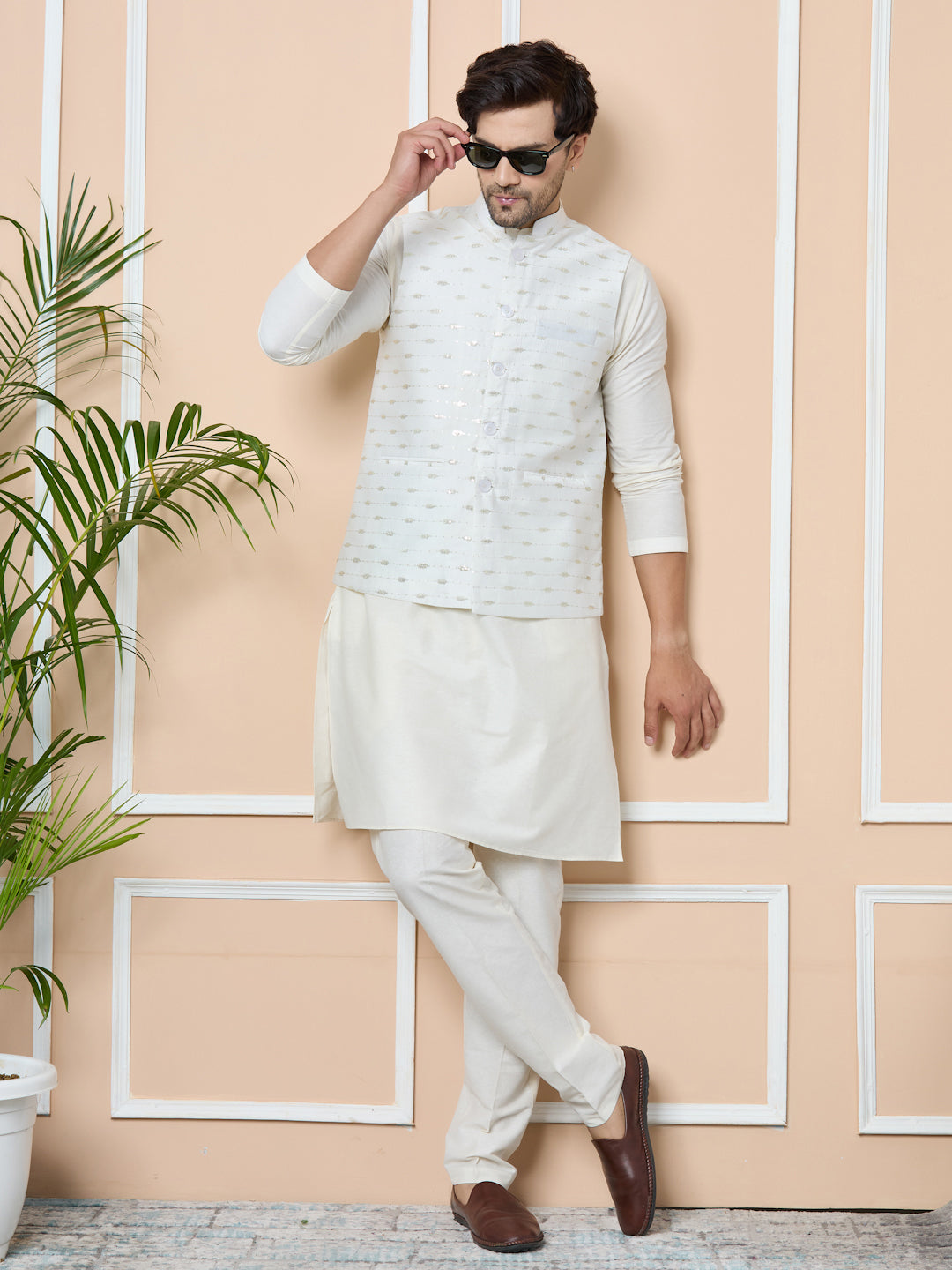 White Sequin Embroidered Nehru Jacket with Solid Kurta-Pyjama (3 Piece Set)