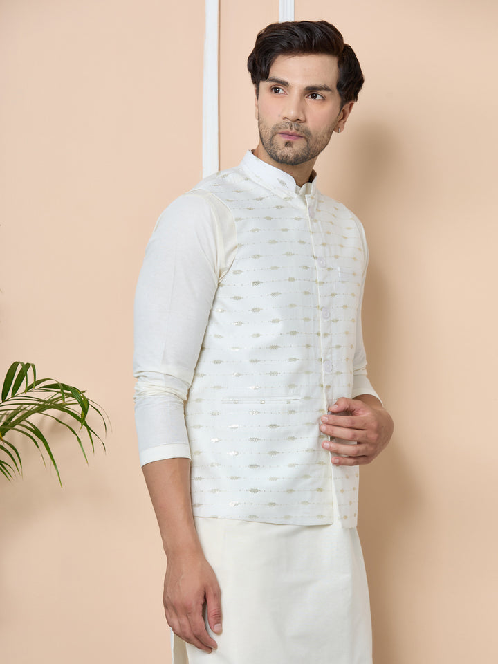 White Sequin Embroidered Nehru Jacket with Solid Kurta-Pyjama (3 Piece Set)