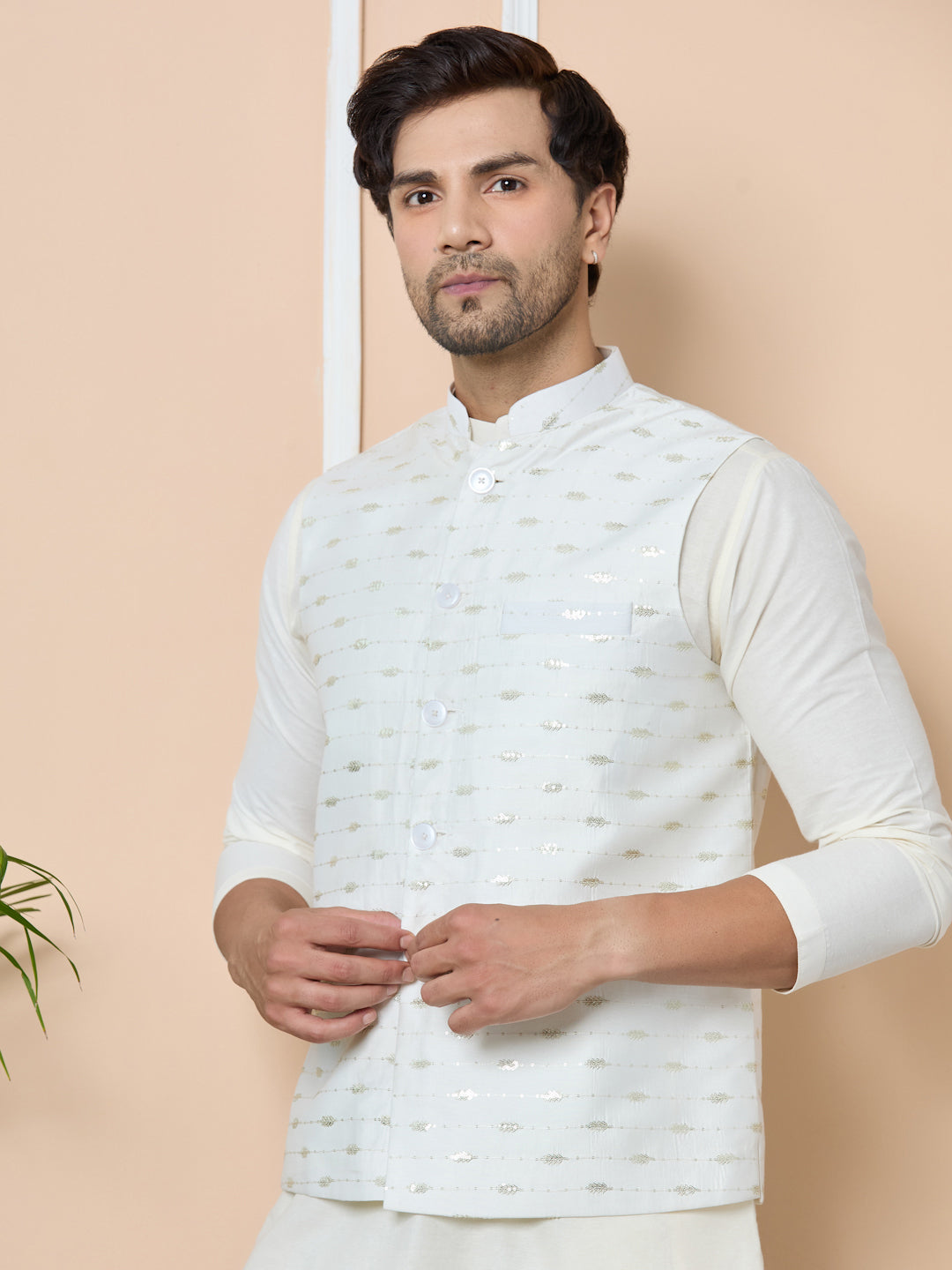 White Sequin Embroidered Nehru Jacket with Solid Kurta-Pyjama (3 Piece Set)