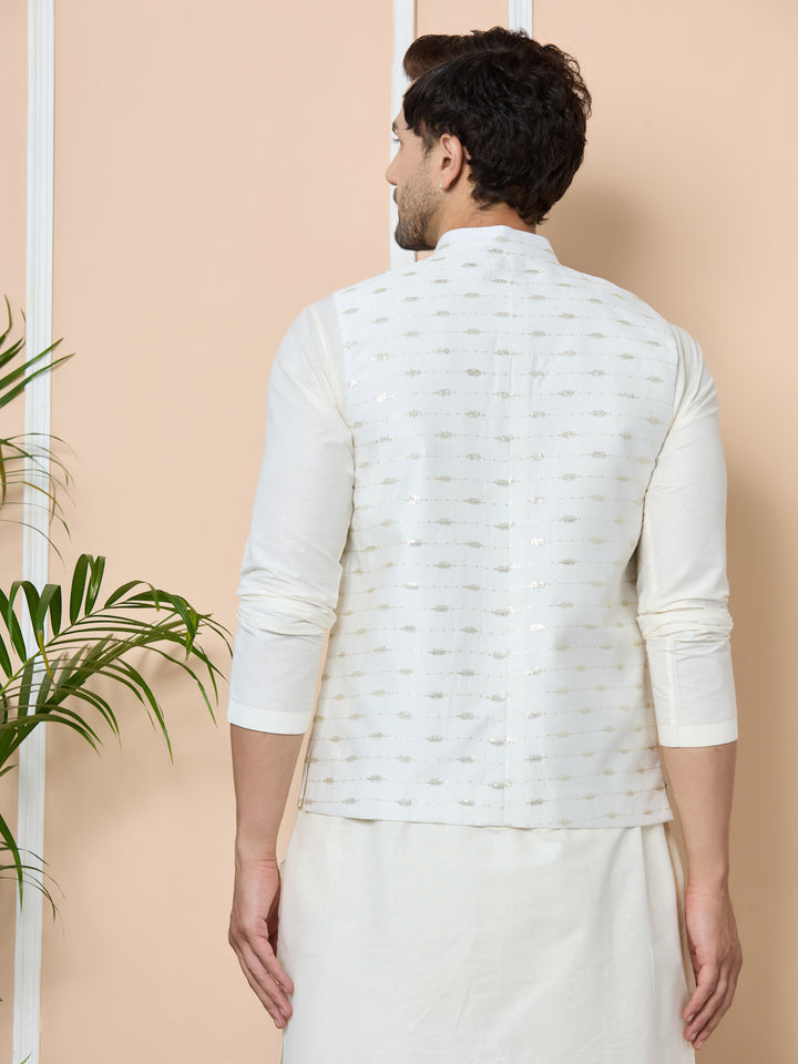 White Sequin Embroidered Nehru Jacket with Solid Kurta-Pyjama (3 Piece Set)