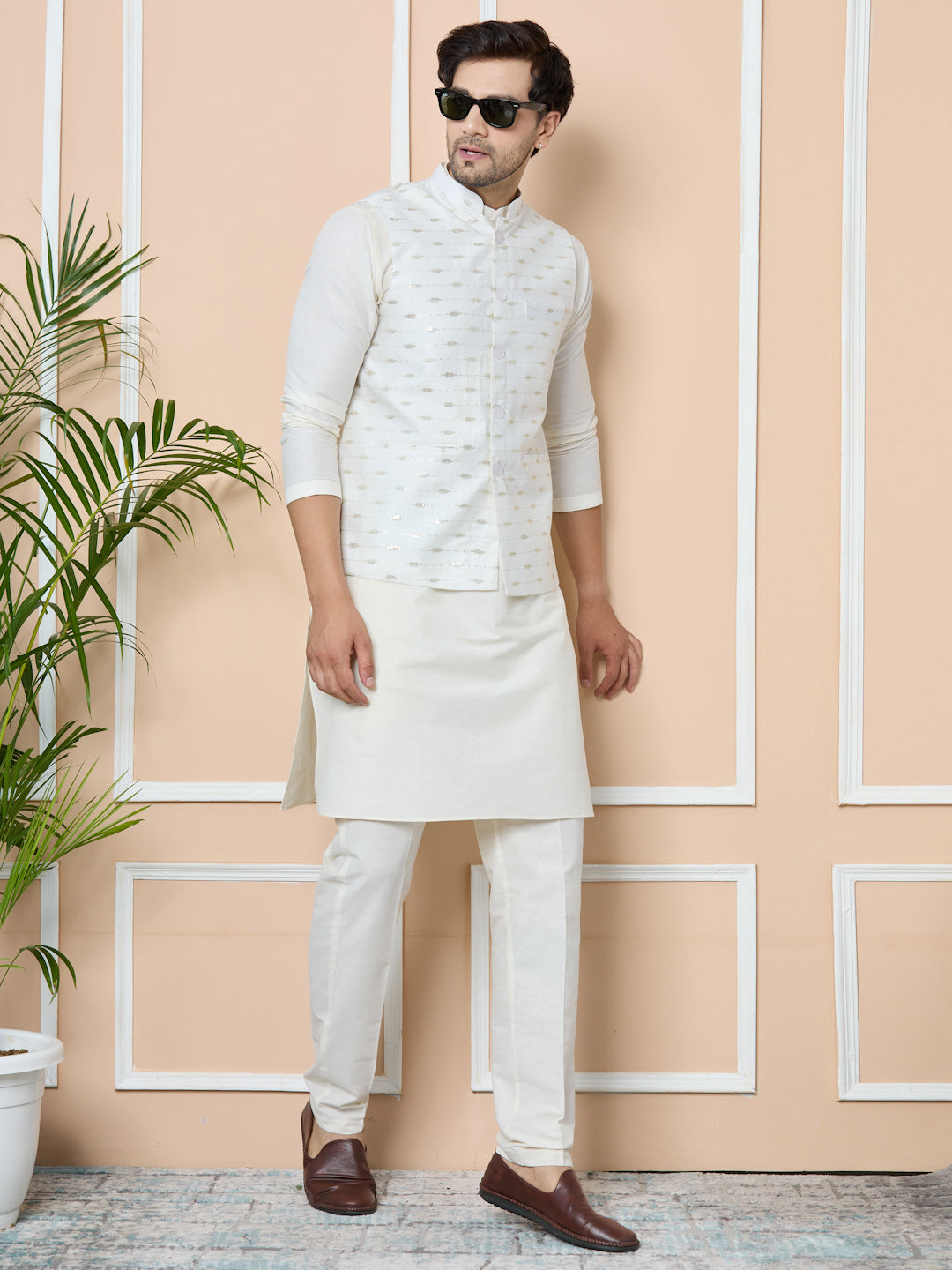 White Sequin Embroidered Nehru Jacket with Solid Kurta-Pyjama (3 Piece Set)