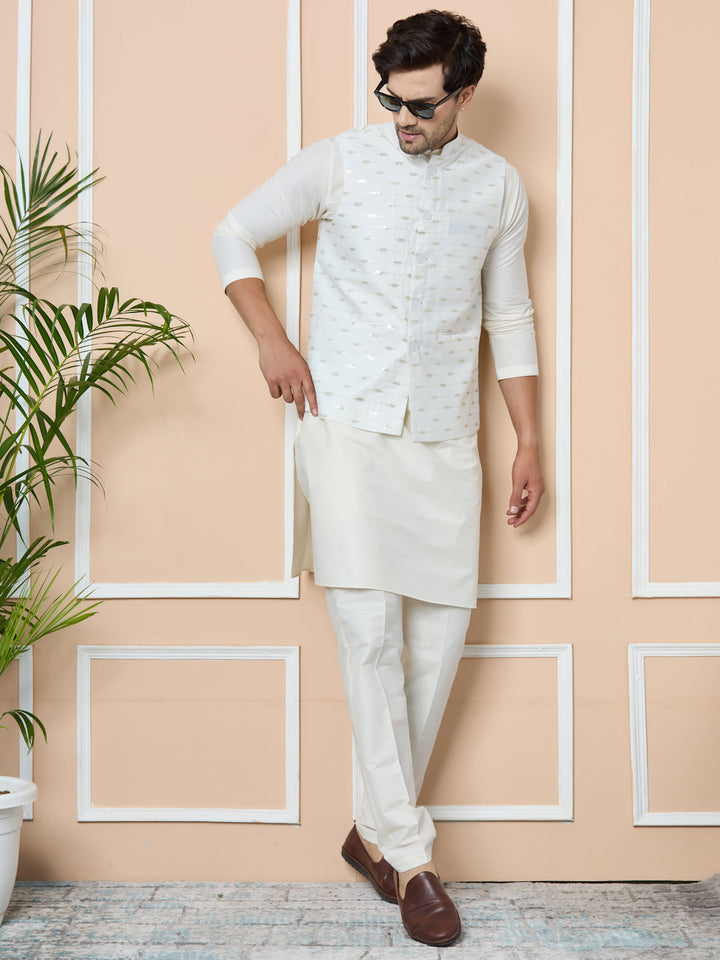 White Sequin Embroidered Nehru Jacket with Solid Kurta-Pyjama (3 Piece Set)