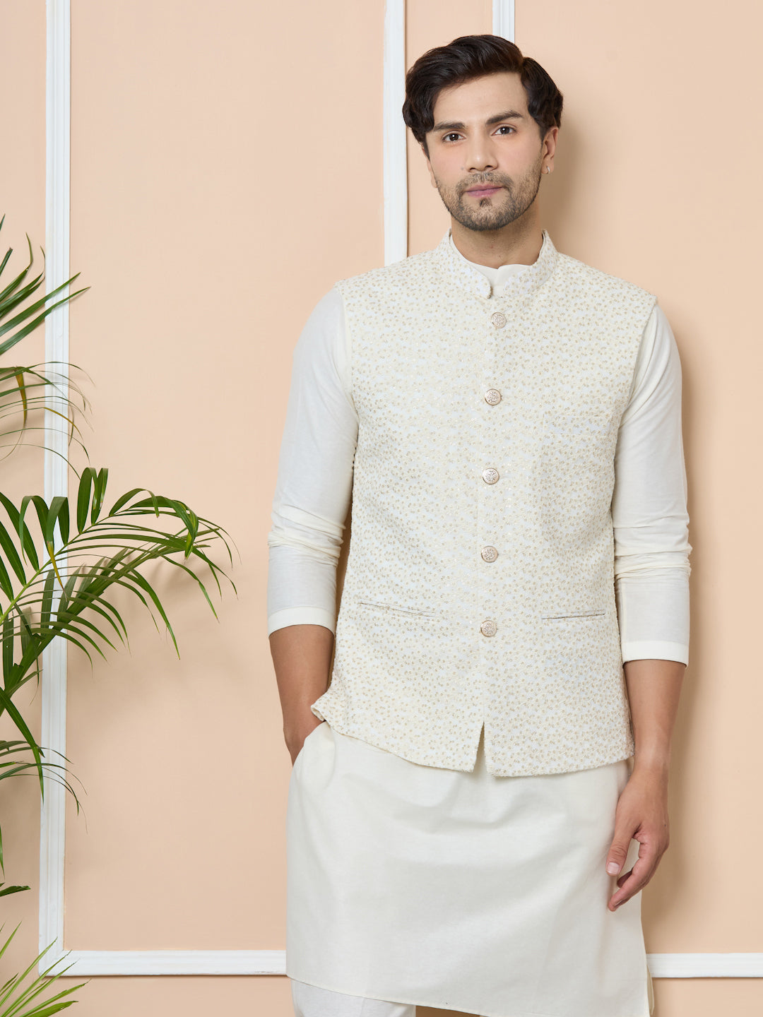 Off-White Sequin Embroidered Nehru Jacket