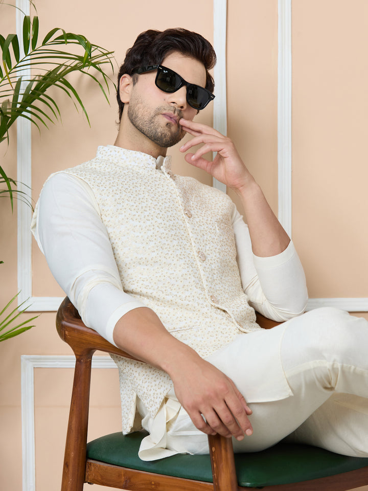 Off-White Sequin Embroidered Nehru Jacket with Solid Kurta-Pyjama (3 Piece Set)