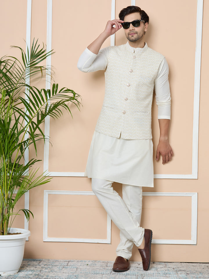 Off-White Sequin Embroidered Nehru Jacket with Solid Kurta-Pyjama (3 Piece Set)