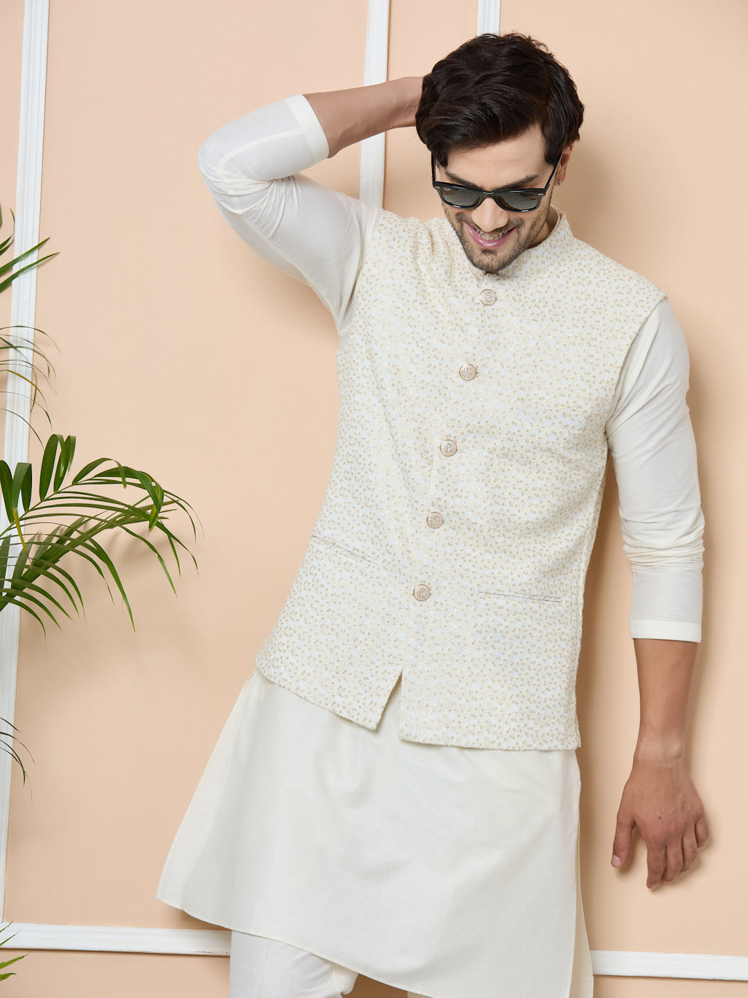 Off-White Sequin Embroidered Nehru Jacket with Solid Kurta-Pyjama (3 Piece Set)