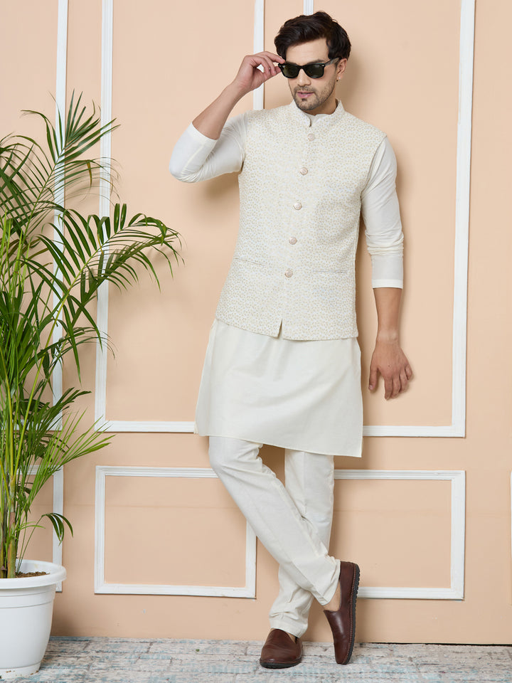 Off-White Sequin Embroidered Nehru Jacket with Solid Kurta-Pyjama (3 Piece Set)