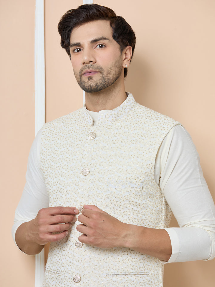 Off-White Sequin Embroidered Nehru Jacket with Solid Kurta-Pyjama (3 Piece Set)