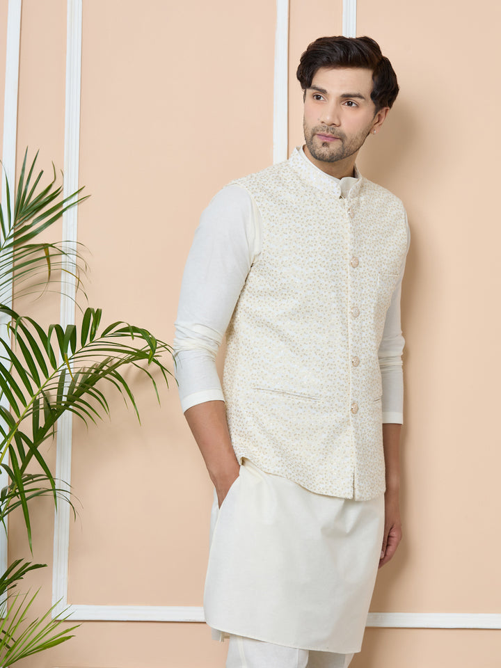 Off-White Sequin Embroidered Nehru Jacket with Solid Kurta-Pyjama (3 Piece Set)