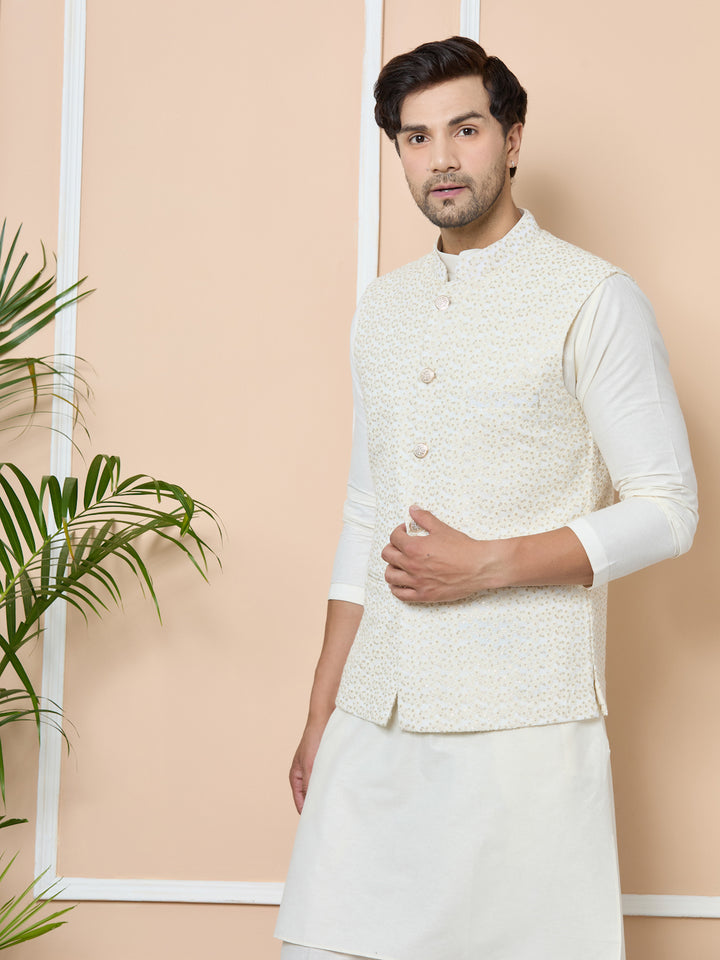 Off-White Sequin Embroidered Nehru Jacket with Solid Kurta-Pyjama (3 Piece Set)