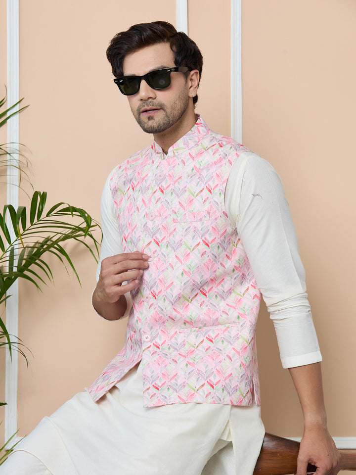 Pink Printed Slim Fit Nehru Jacket with Solid Kurta-Pyjama (3 Piece Set)