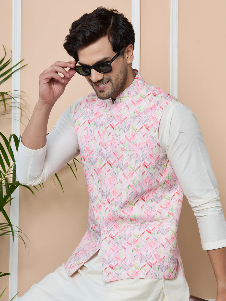 Pink Printed Slim Fit Nehru Jacket with Solid Kurta-Pyjama (3 Piece Set)