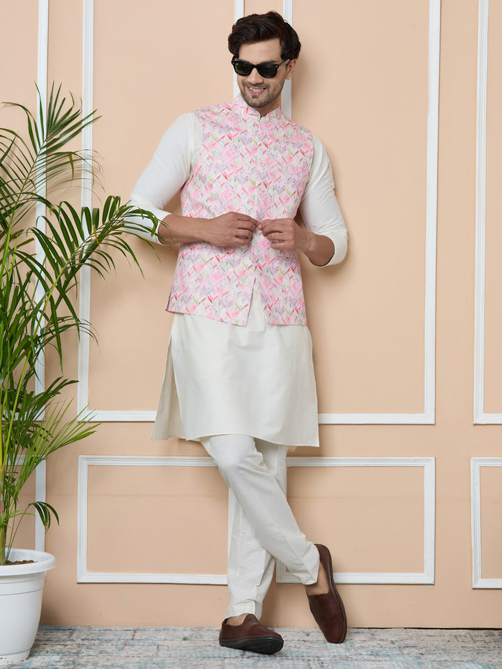 Pink Printed Slim Fit Nehru Jacket with Solid Kurta-Pyjama (3 Piece Set)