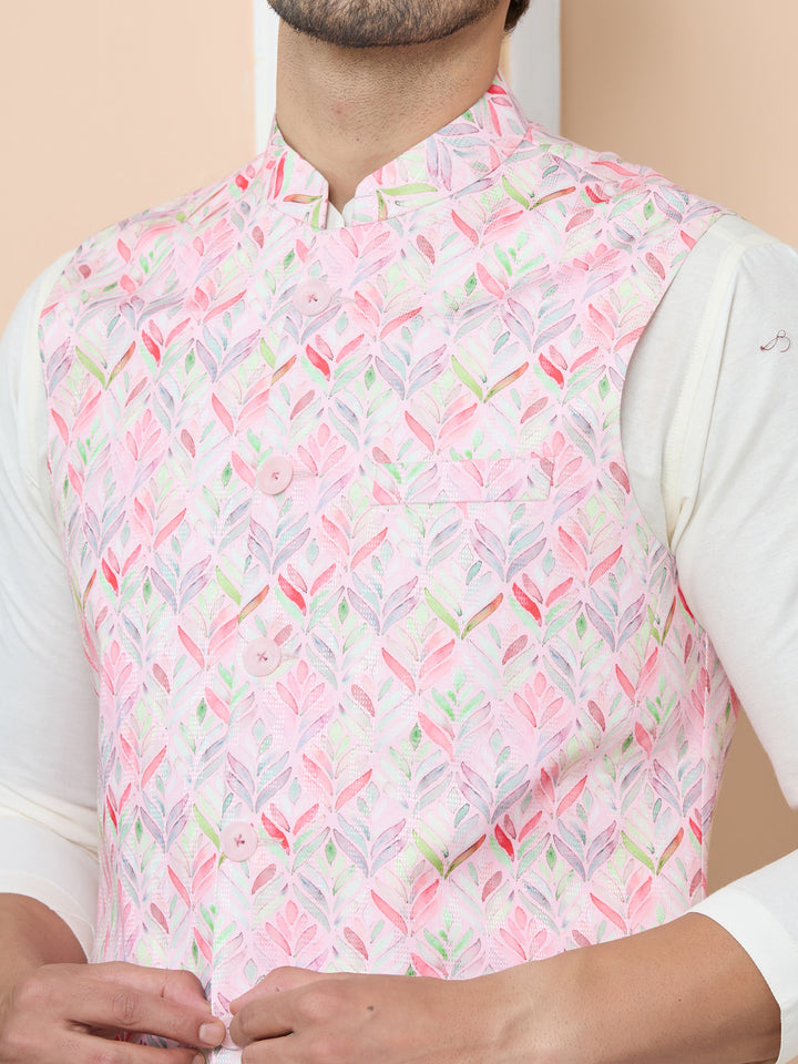 Pink Printed Slim Fit Nehru Jacket with Solid Kurta-Pyjama (3 Piece Set)