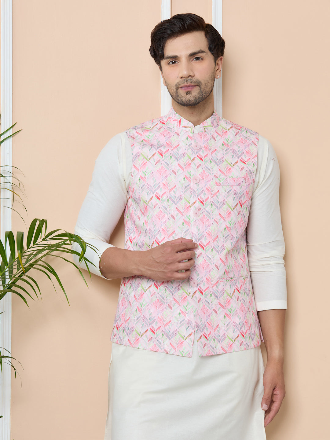 Pink Printed Slim Fit Nehru Jacket with Solid Kurta-Pyjama (3 Piece Set)