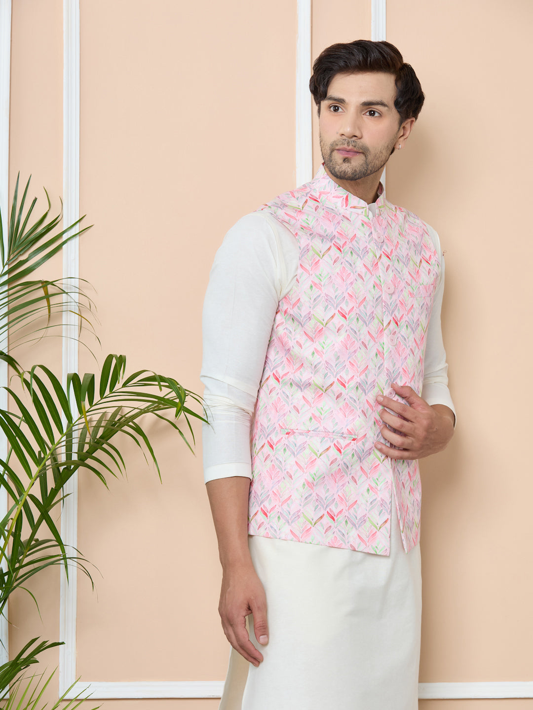 Pink Printed Slim Fit Nehru Jacket with Solid Kurta-Pyjama (3 Piece Set)