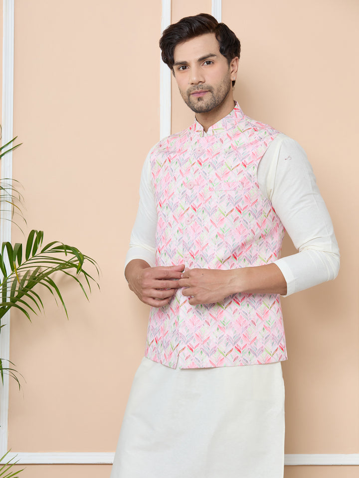 Pink Printed Slim Fit Nehru Jacket with Solid Kurta-Pyjama (3 Piece Set)