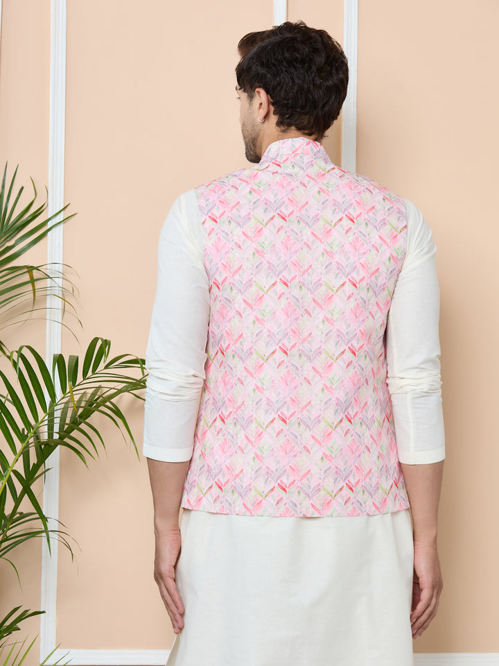 Pink Printed Slim Fit Nehru Jacket with Solid Kurta-Pyjama (3 Piece Set)