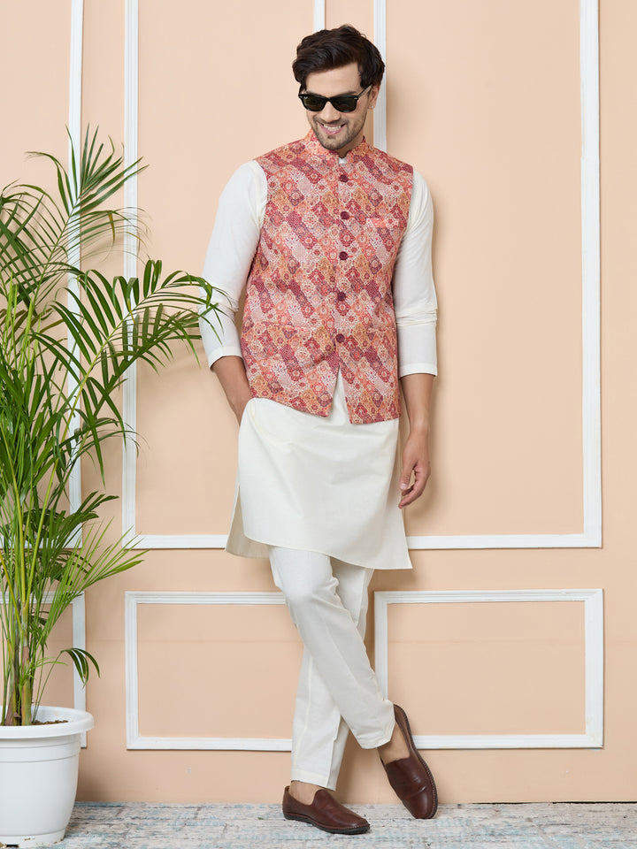 Orange Ethnic Motif Printed Nehru Jacket with Solid Kurta-Pyjama (3 Piece Set)