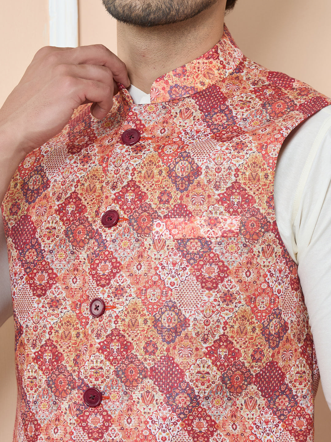 Orange Ethnic Motif Printed Nehru Jacket with Solid Kurta-Pyjama (3 Piece Set)