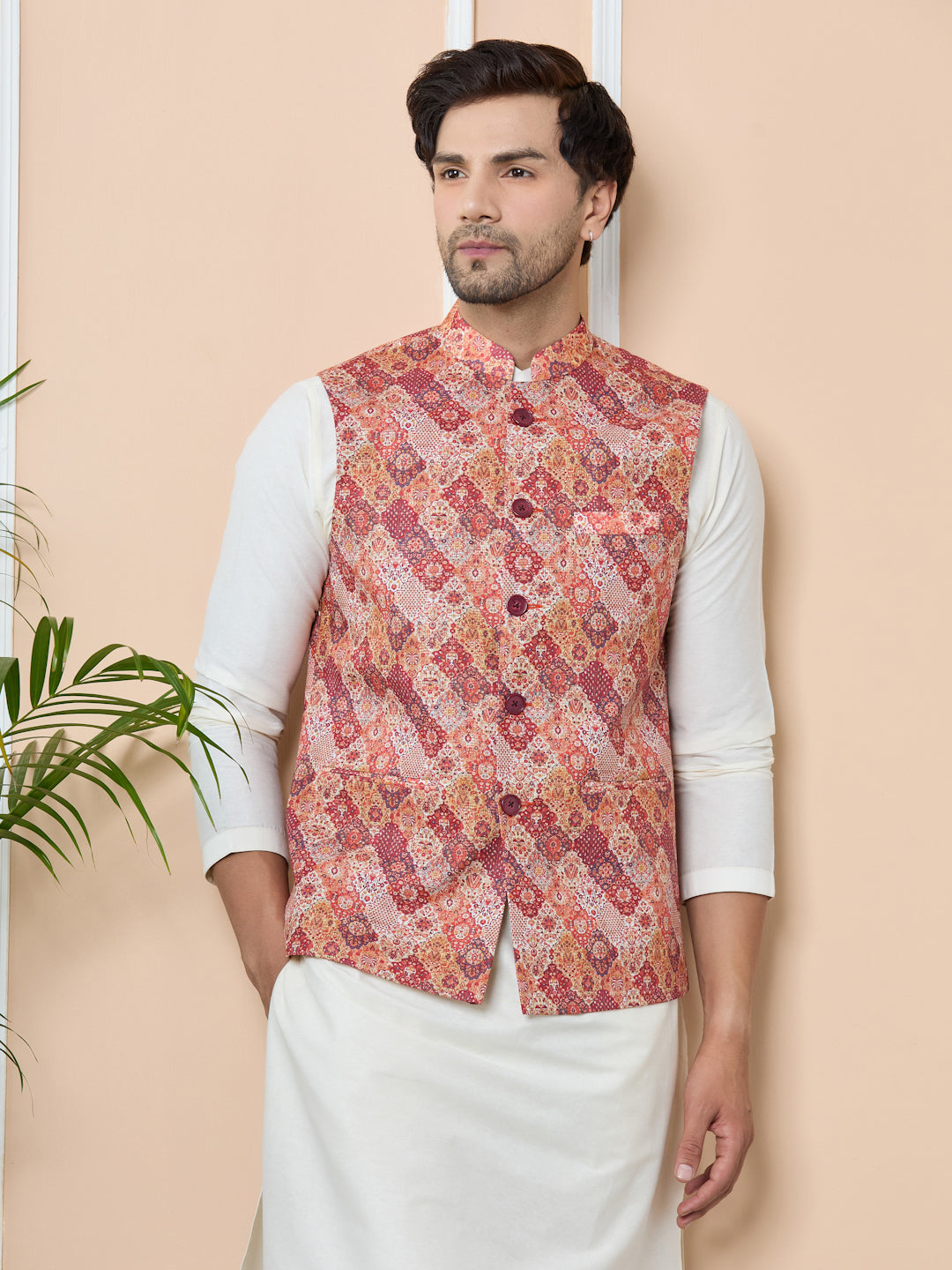 Orange Ethnic Motif Printed Nehru Jacket with Solid Kurta-Pyjama (3 Piece Set)