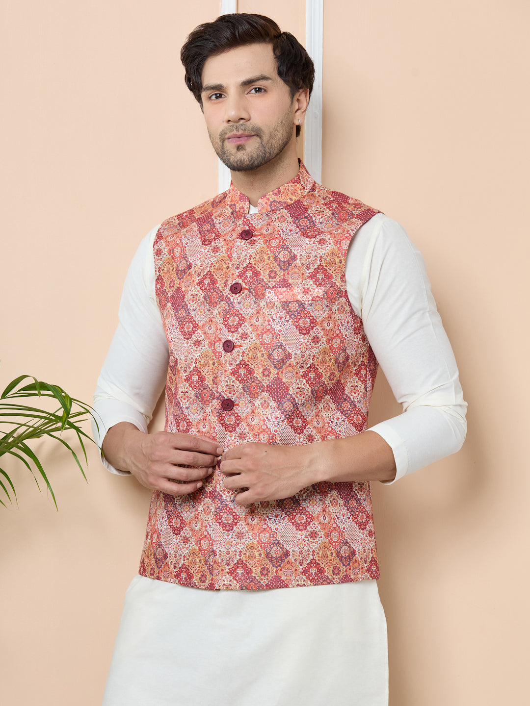 Orange Ethnic Motif Printed Nehru Jacket with Solid Kurta-Pyjama (3 Piece Set)