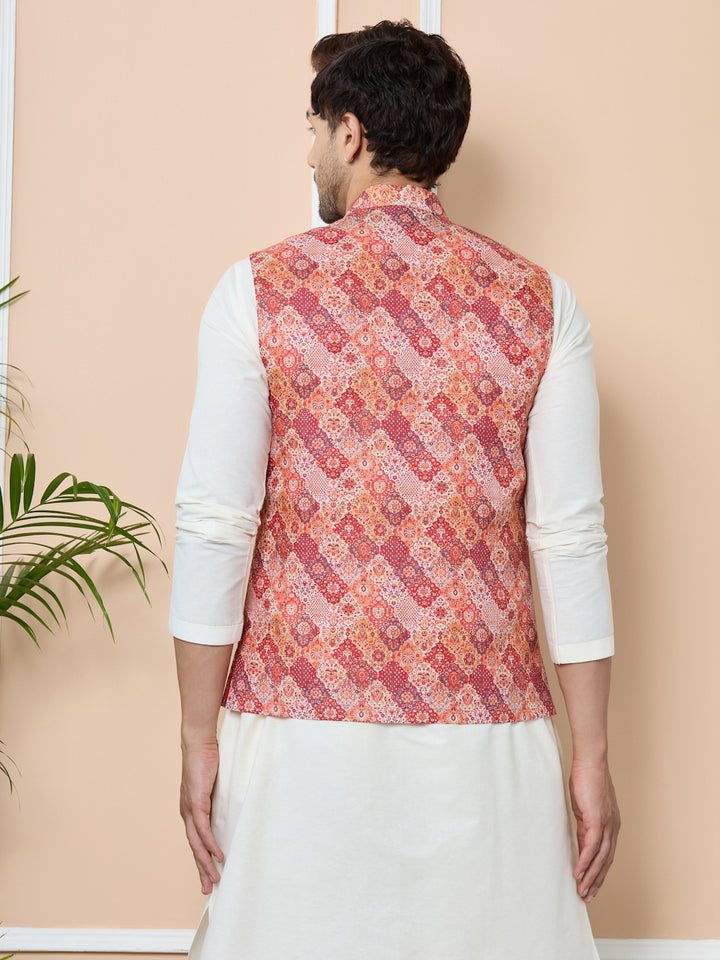 Orange Ethnic Motif Printed Nehru Jacket with Solid Kurta-Pyjama (3 Piece Set)